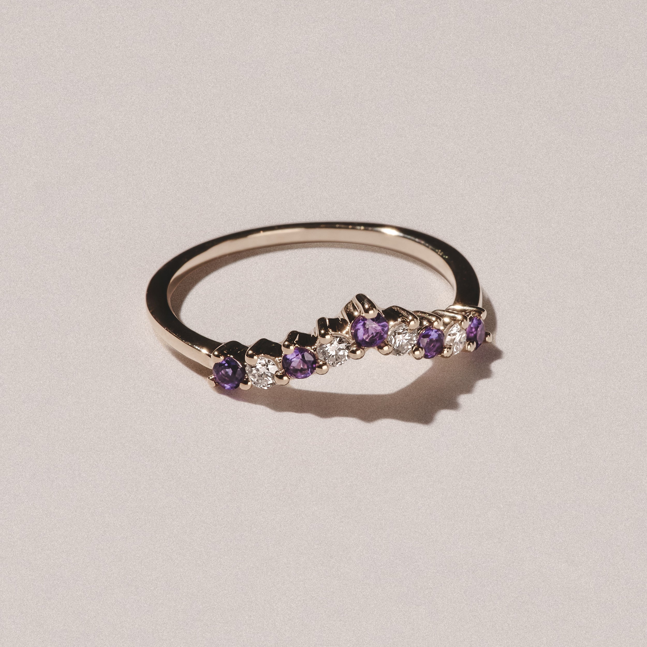 Amethyst and Lab Diamond Wishbone Ring in 9K Yellow Gold